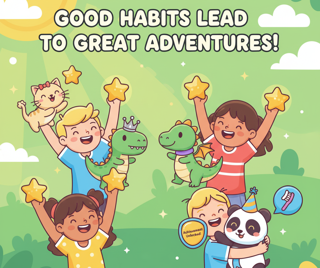Happy family using Habit Buddies to track daily habits together